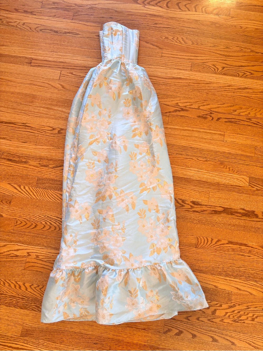 Strapless Light Blue & Gold Floral Sweetheart Maxi Dress - Picture 9 of 16